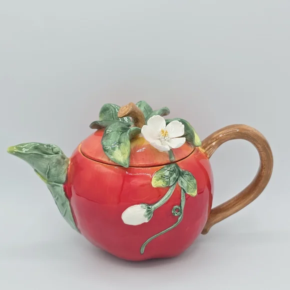 Small Teapot "Orchard In Bloom" Red Apple Ceramic Floral Cottagecore - Picture 1 of 13